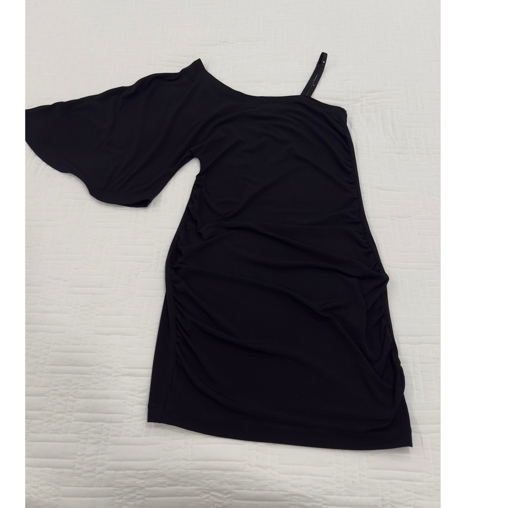 G by GUESS Black One Shoulder Ruched Mini Dress Flutter Sleeve R11K0400000 M - Picture 2 of 6